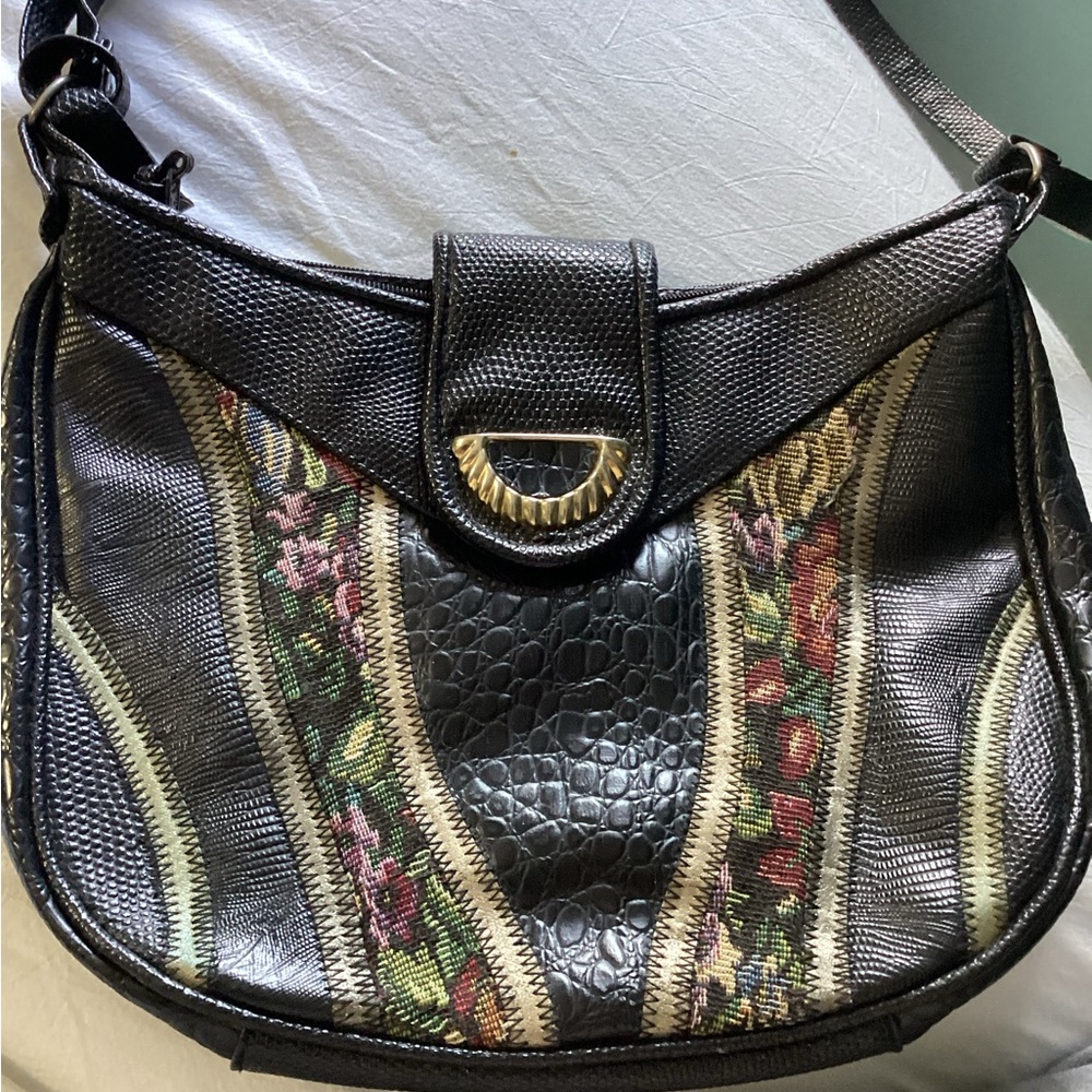 Black Leather and Multicolor Tapestry Women's Bag